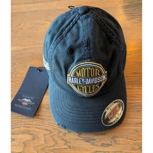NWT Motor Harley Davidson Cycles Flexfit Baseball Hat Cap Black Cotton Blend S/M
